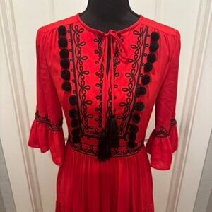 Kate Spade Red and Black Crepe Pom-Pom Embroidered Dress - Size 0